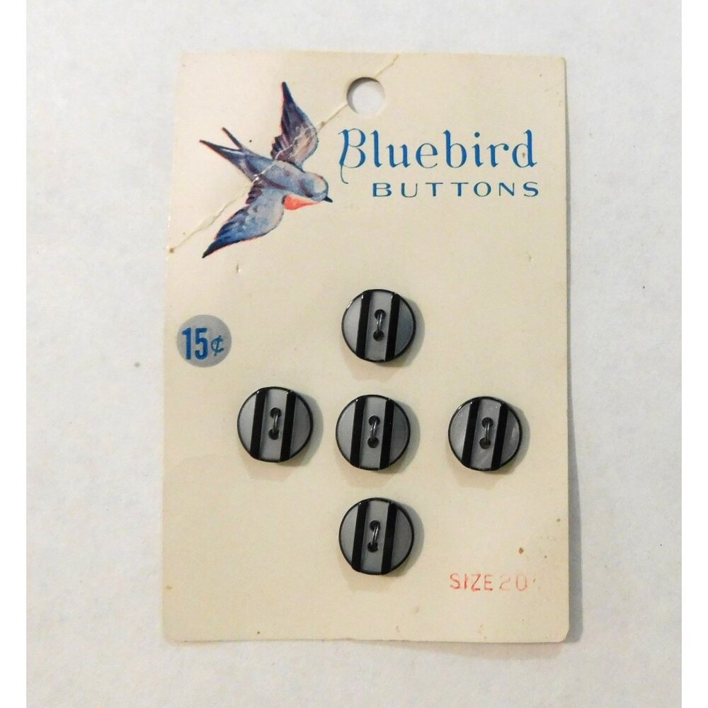 Bluebird Buttons Set of 5 Black Gray Design Size 20 .5 Inch Vintage - Picture 2 of 3